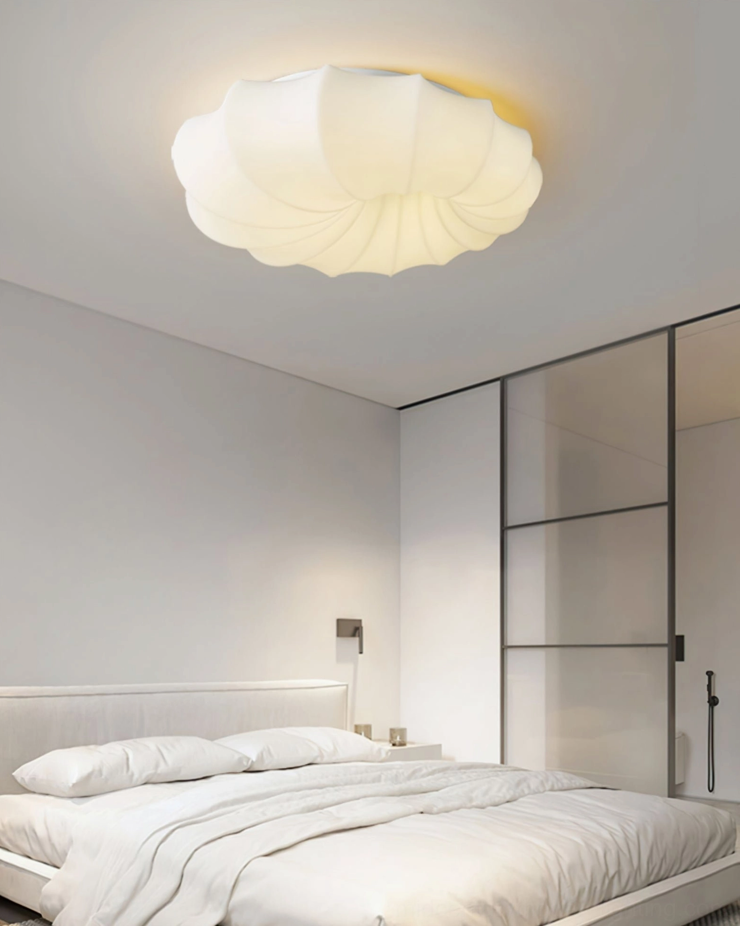 Wide view of malibu ceiling lamp in contemporary bedroom with glass partition wall