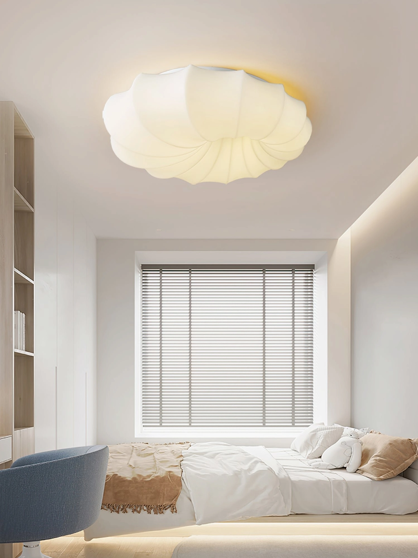 Malibu shell ceiling lamp installed in modern minimalist bedroom with natural light
