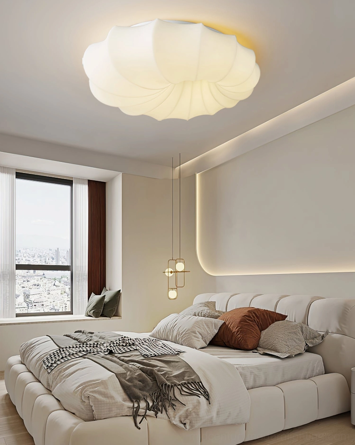 Luxury nordic bedroom featuring malibu shell lamp with pendant lights and large windows