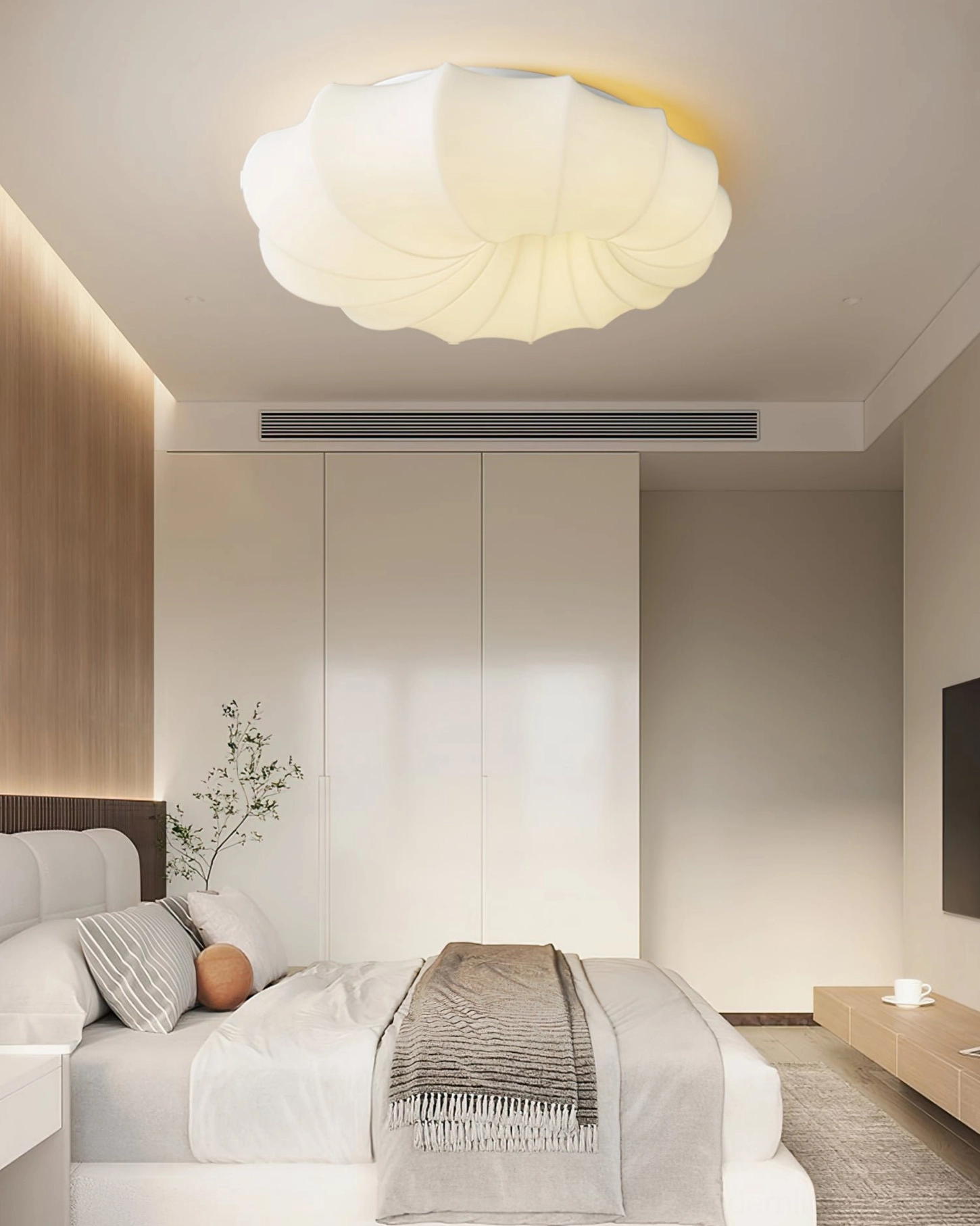 Contemporary bedroom with wood tones featuring malibu flush mount ceiling lamp