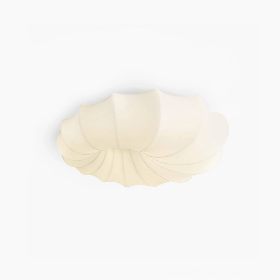 Malibu shell ceiling lamp frontal view with ribbed scalloped texture on clean white background