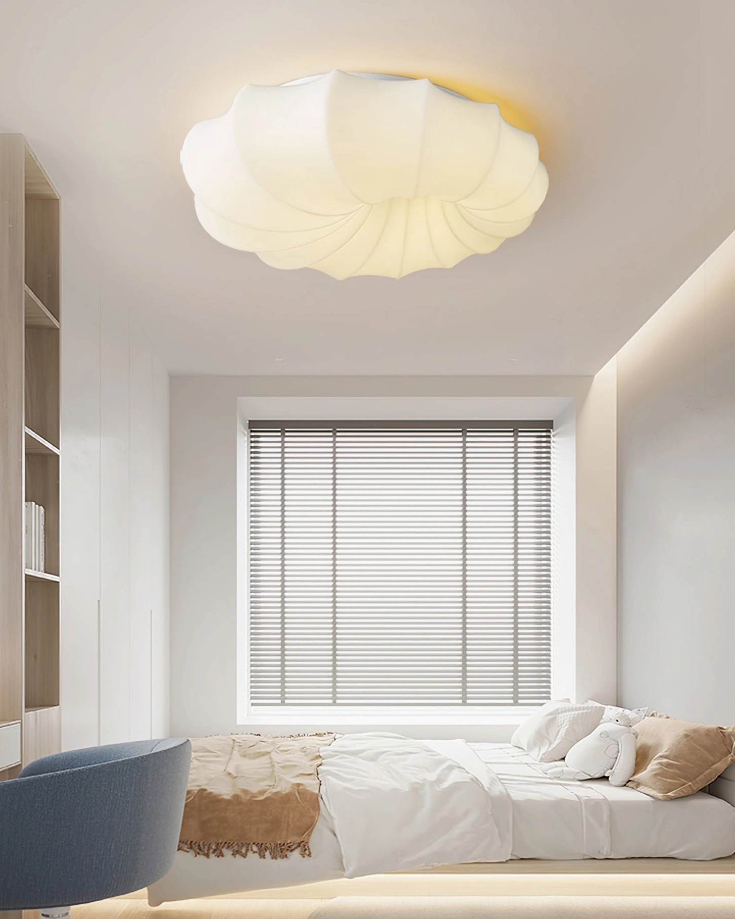 Malibu ceiling lamp in scandinavian minimalist bedroom with neutral tones