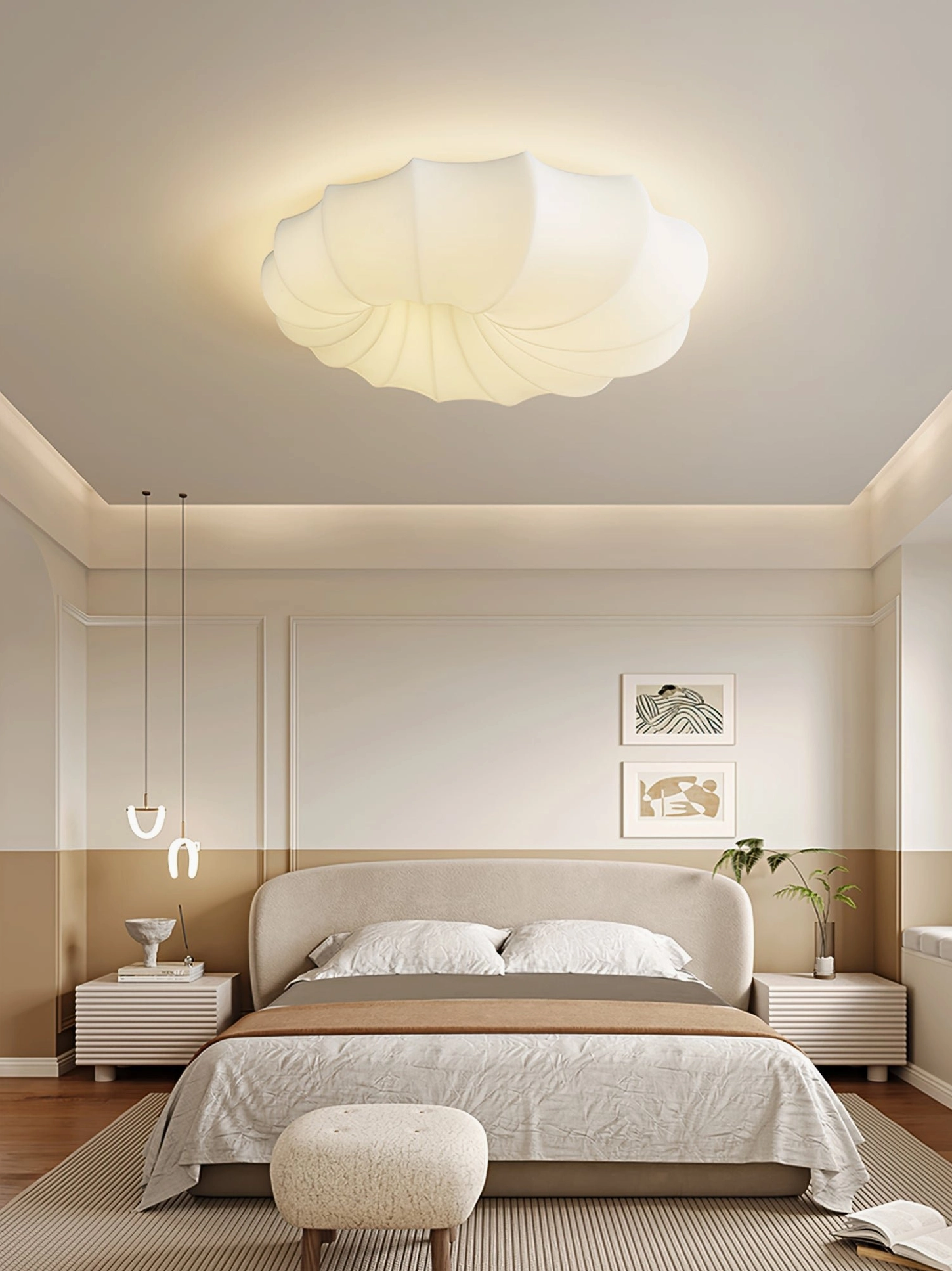 Malibu cream scalloped ceiling light in modern bedroom with wall art and nightstand
