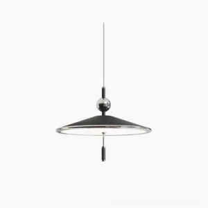 Malmo geometric pendant light with polished chrome sphere and black matte shade in studio display