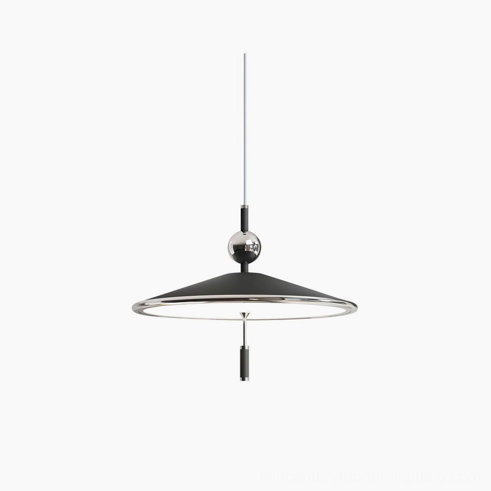 Malmo geometric pendant light with polished chrome sphere and black matte shade in studio display