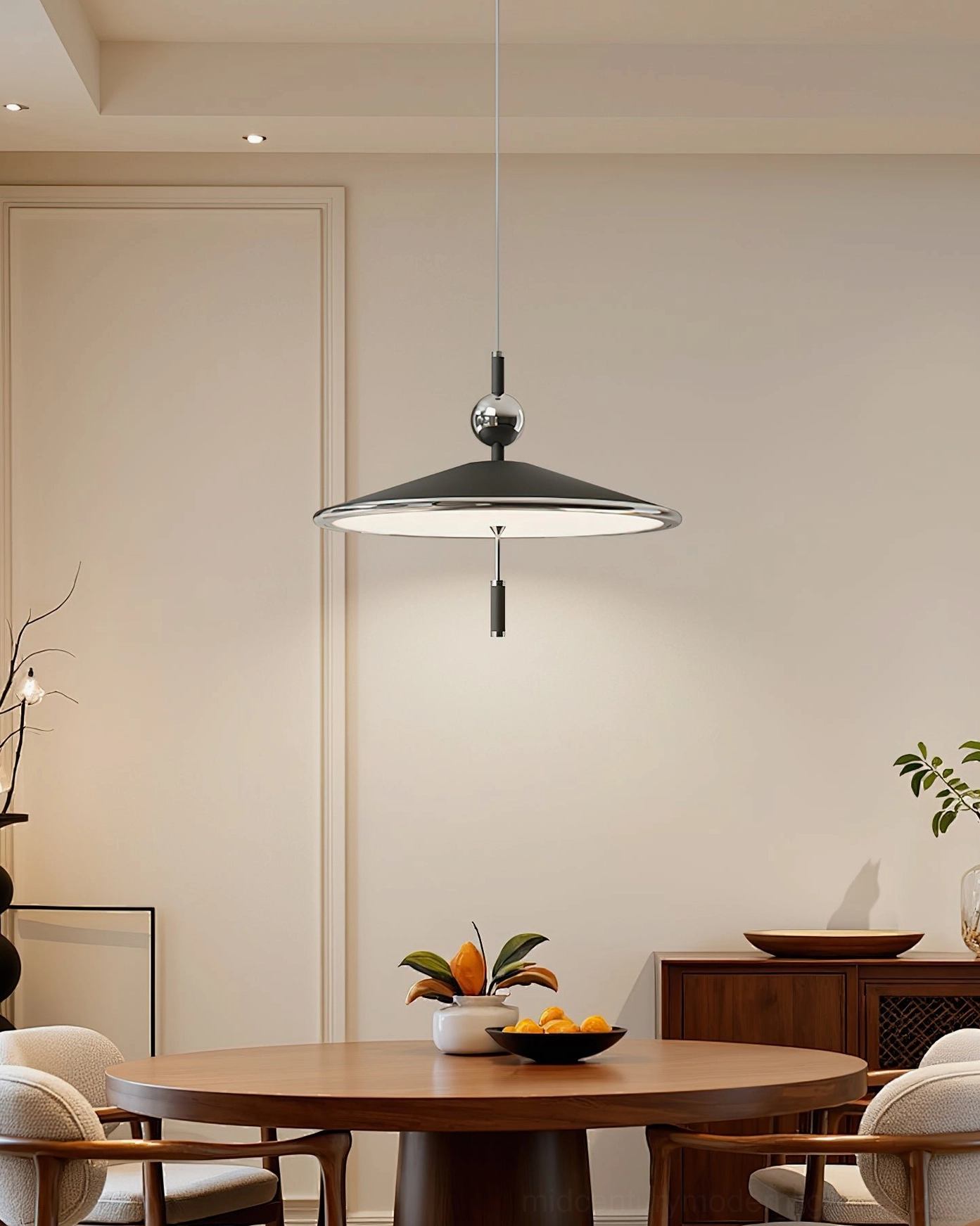 Malmo ceiling pendant with silver inner shade and black outer accent in formal dining room wide view