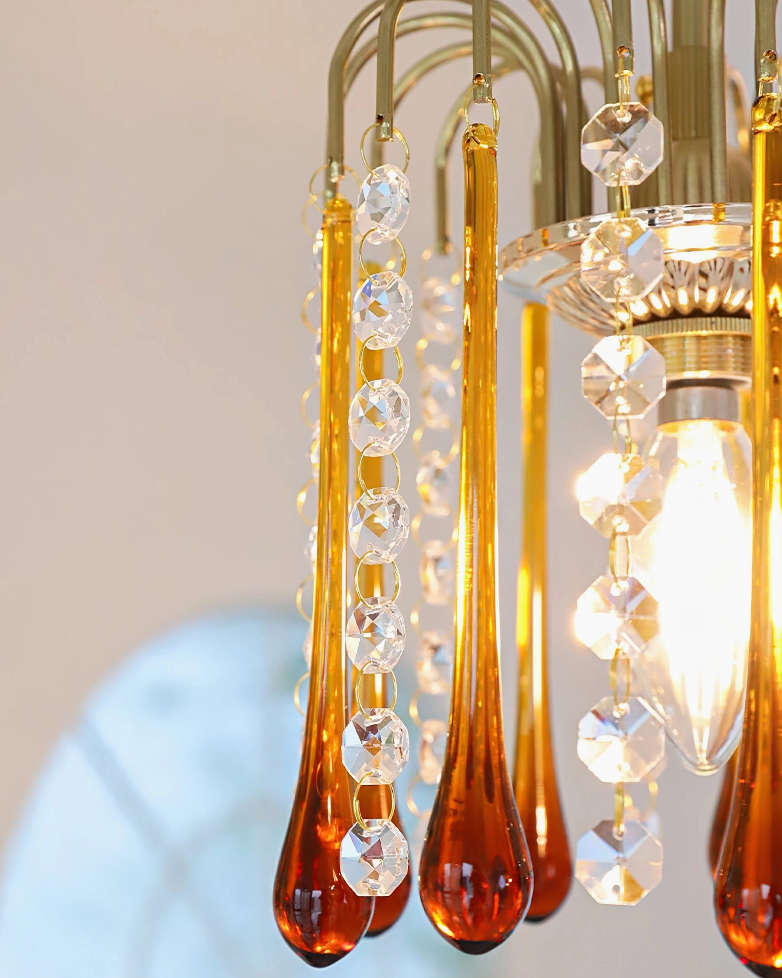 Maltose vintage gold brass ceiling light fixture complete assembly view with crystal cascades and mounting canopy