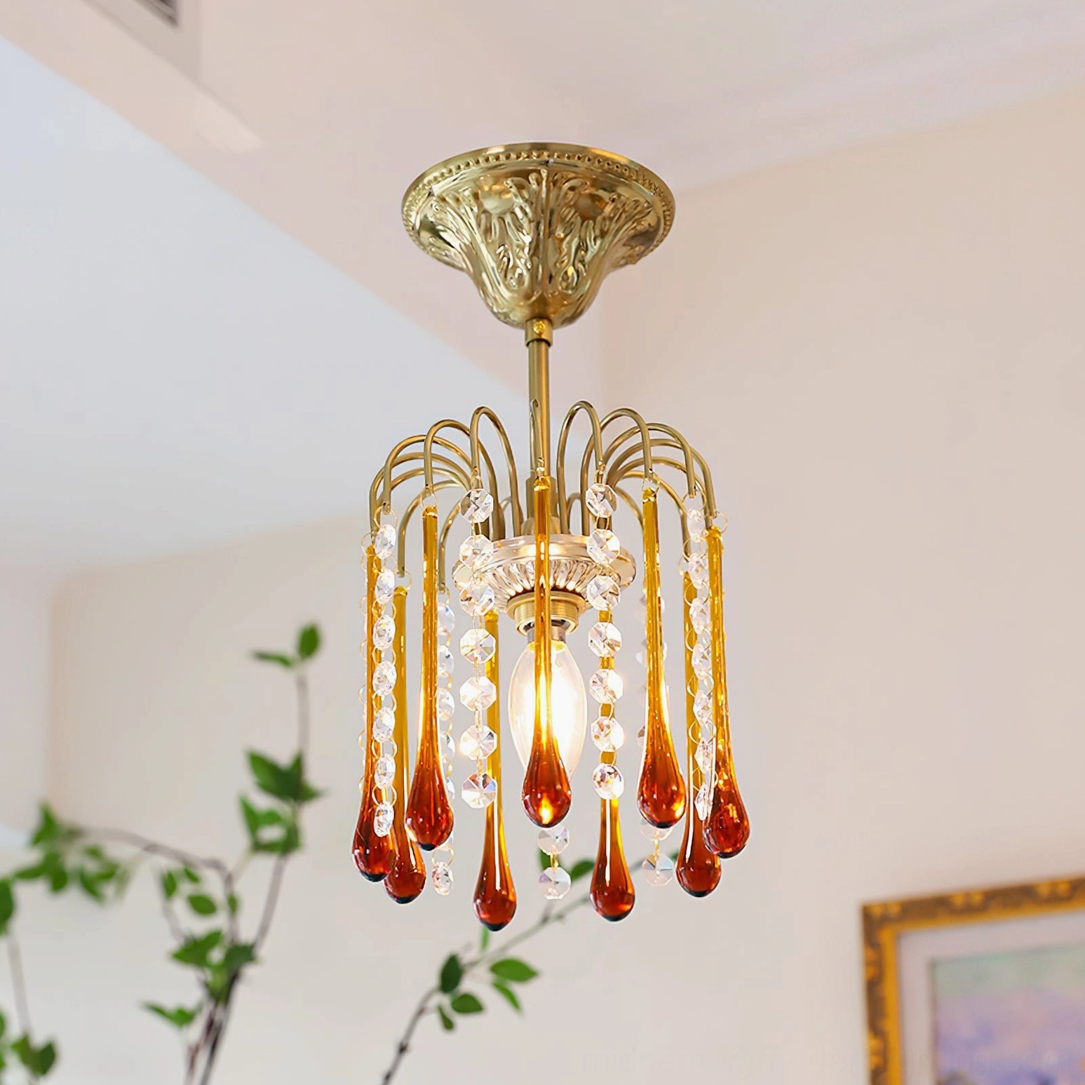 Maltose vintage French ceiling light pendant with ornate canopy and cascading crystal droplets in elegant home interior