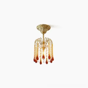 Maltose vintage brass gold ceiling light with amber and clear crystal glass pendants, direct front view studio photography