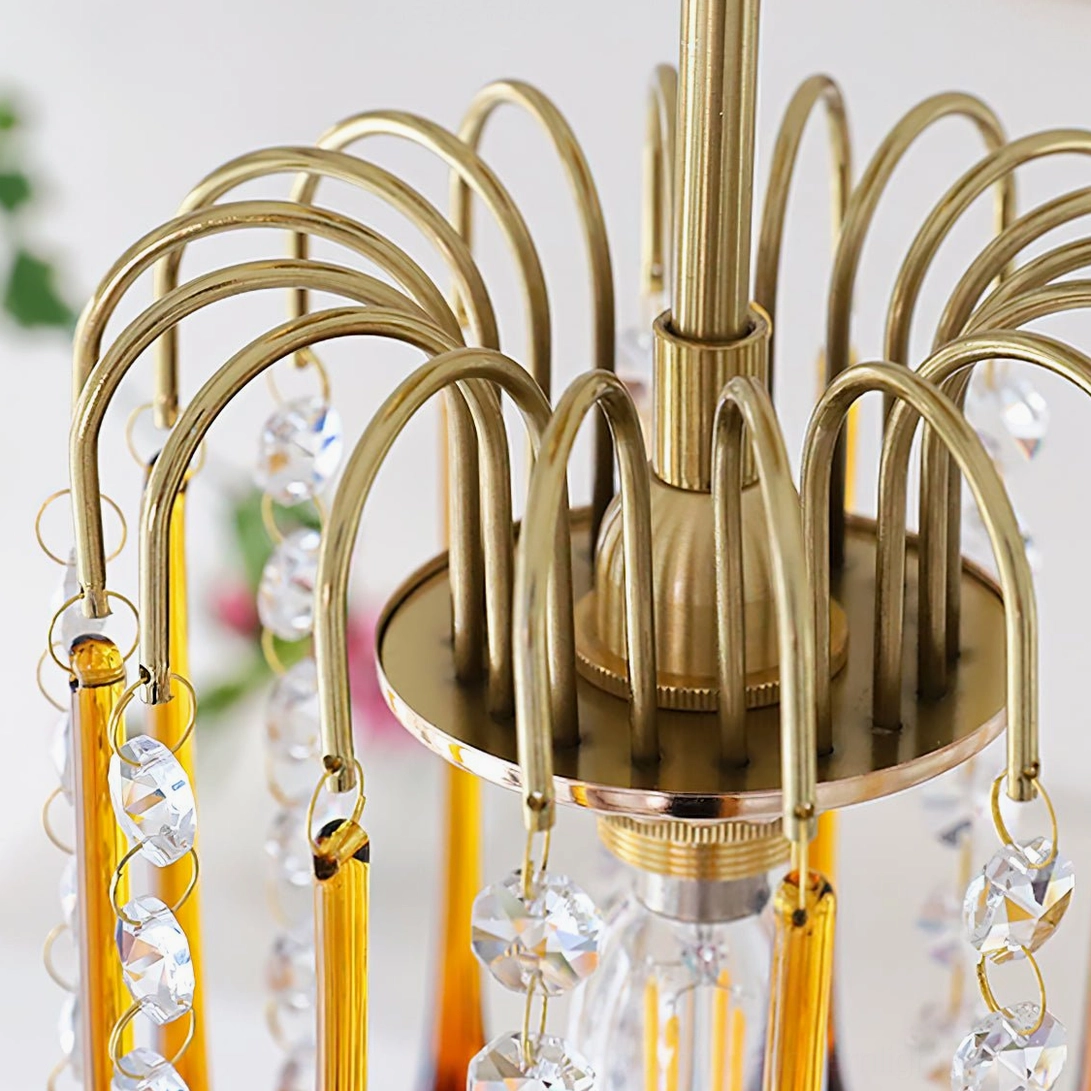 Maltose gold tone ceiling light with intricate brass detailing and amber and clear crystal glass decorations