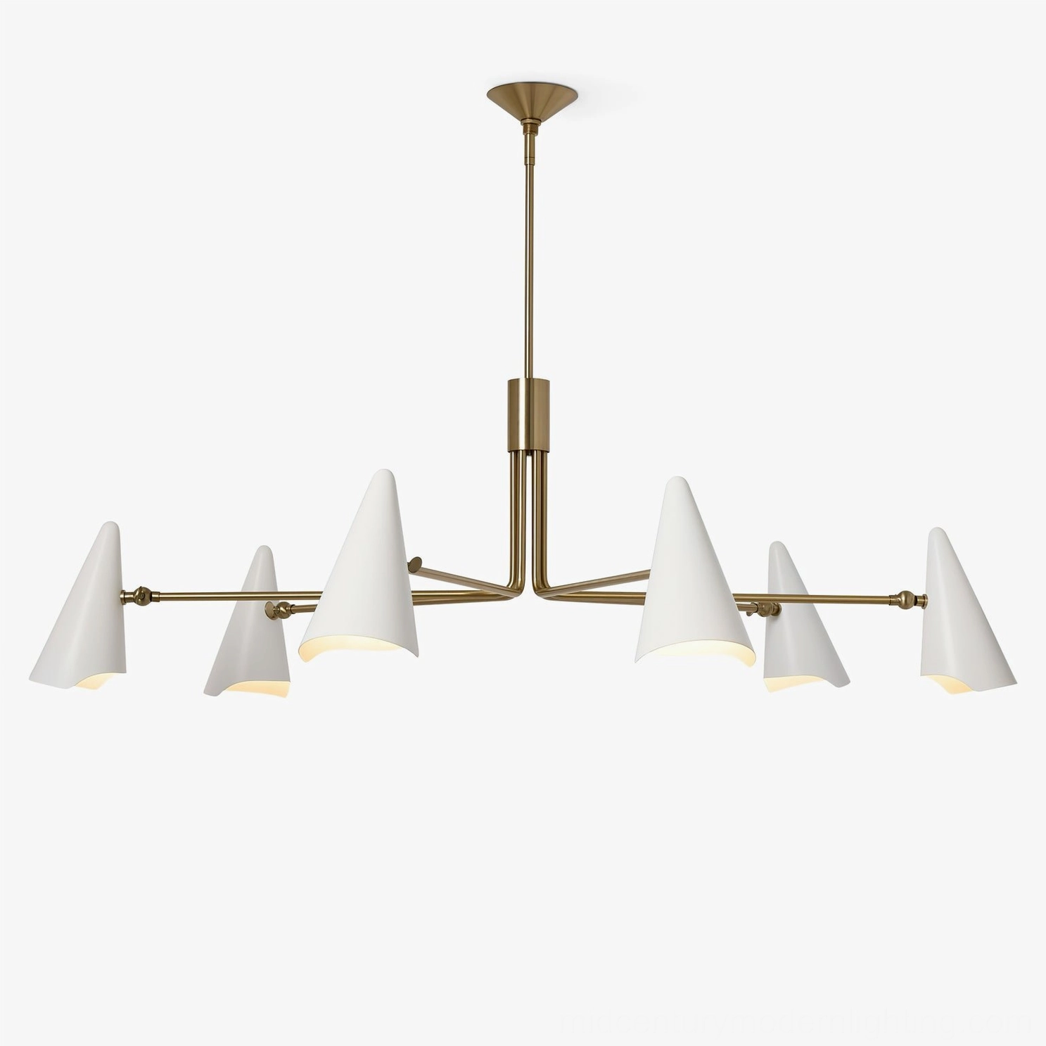 Mancini six-light asymmetrical brass chandelier overhead shot on white background showing full composition