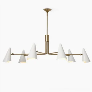 Mancini mid-century modern chandelier with eight white cone shades and brass arms on white background, overhead view
