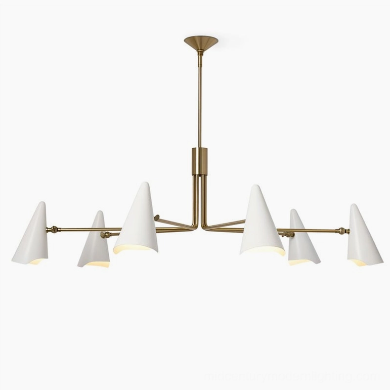 Mancini mid-century modern chandelier with eight white cone shades and brass arms on white background, overhead view