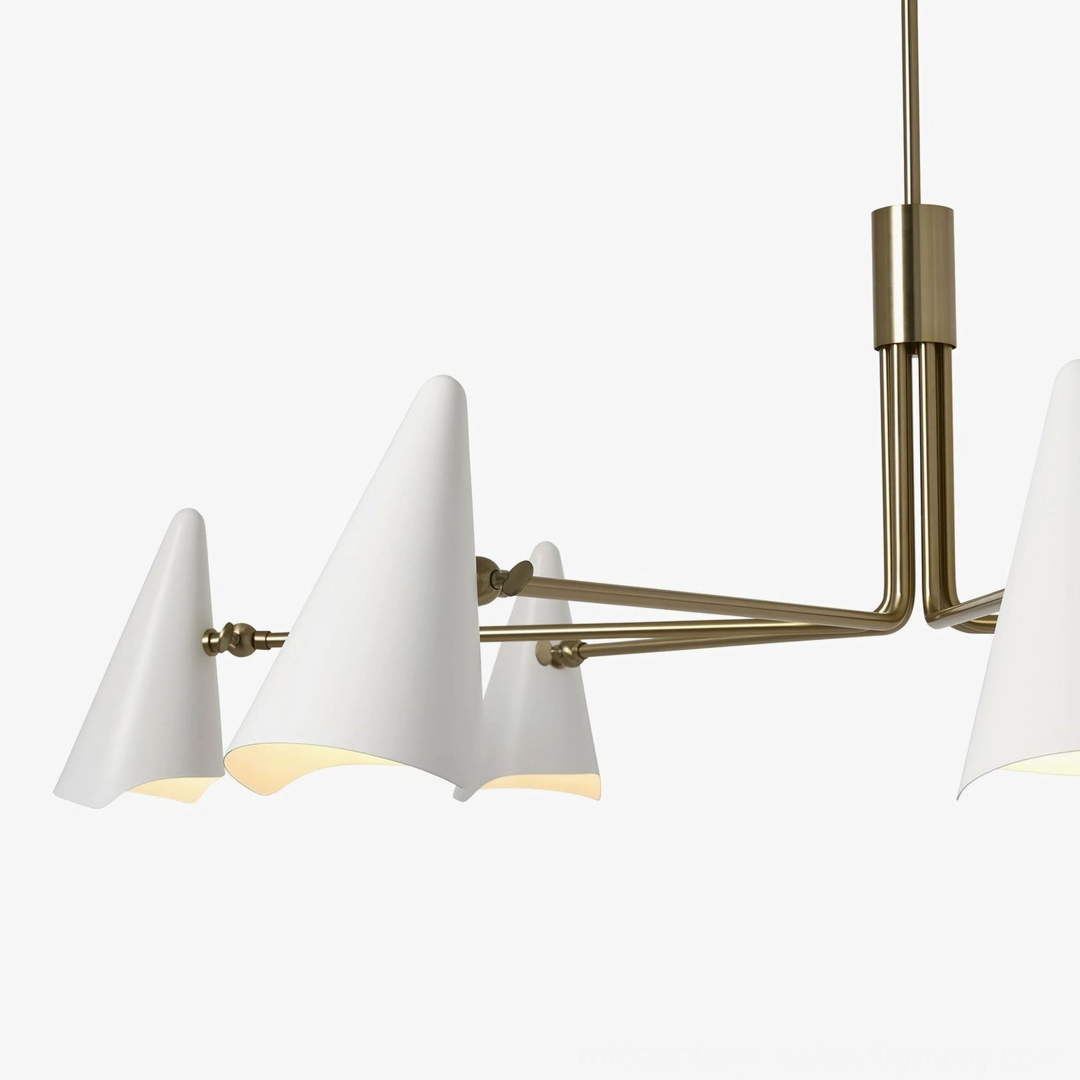 Detail view of Mancini chandelier showing tapered white cone shade and brass suspension