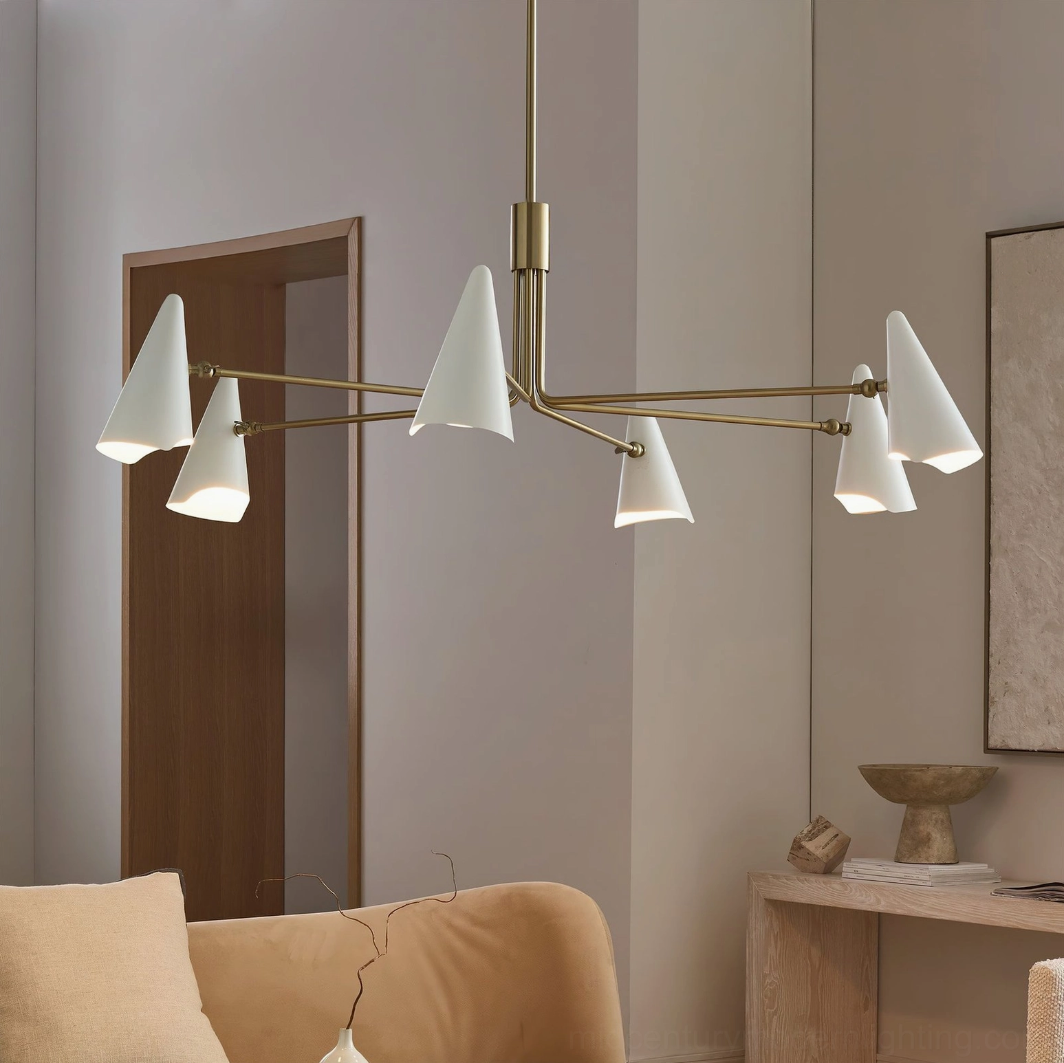 Mancini chandelier installed in warm minimalist living room with neutral furnishings and natural light