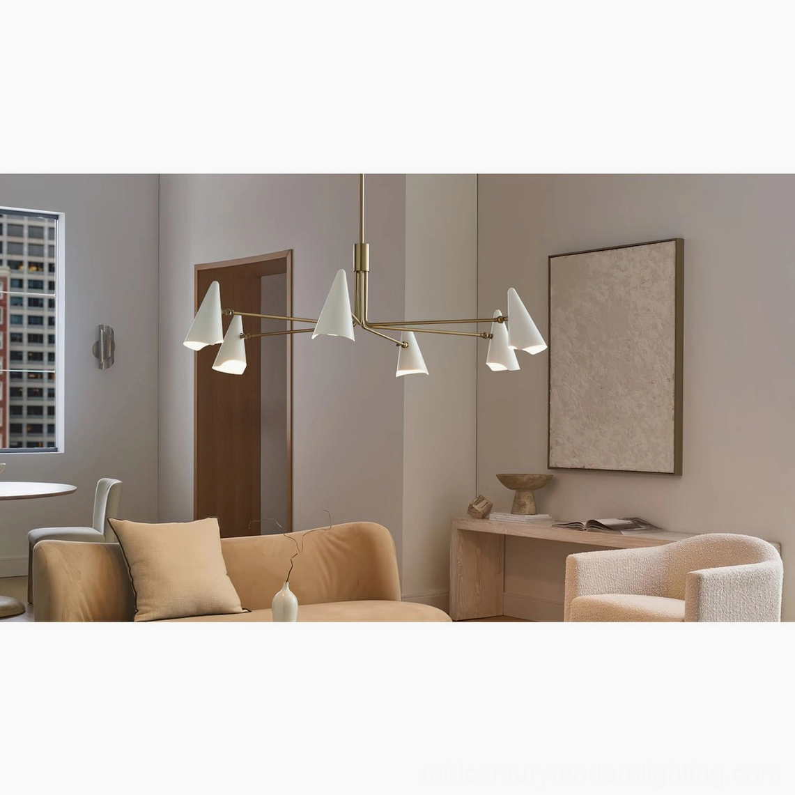 Mancini chandelier in cozy modern living room with tan sofa and wooden decor elements