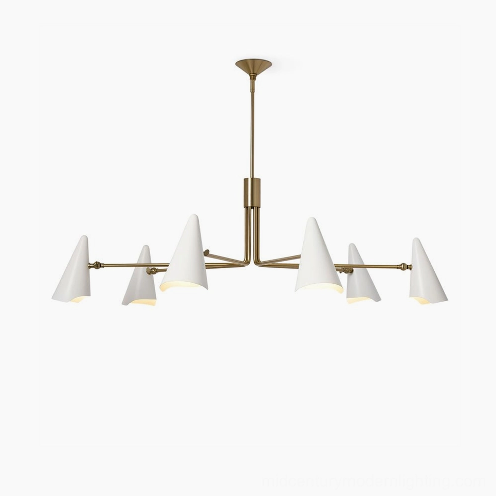 Mancini mid-century modern chandelier full product shot showing brass frame and white cone shade arrangement
