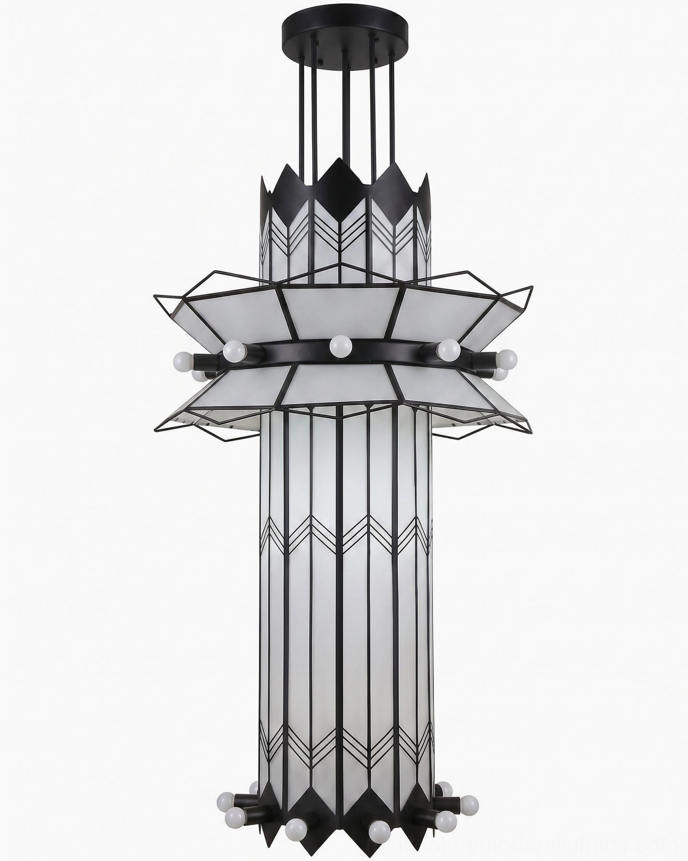 Manhattan Ziggurat Tiered Chandelier 23-head Art Deco light fixture exposed bulb geometric pattern detail
