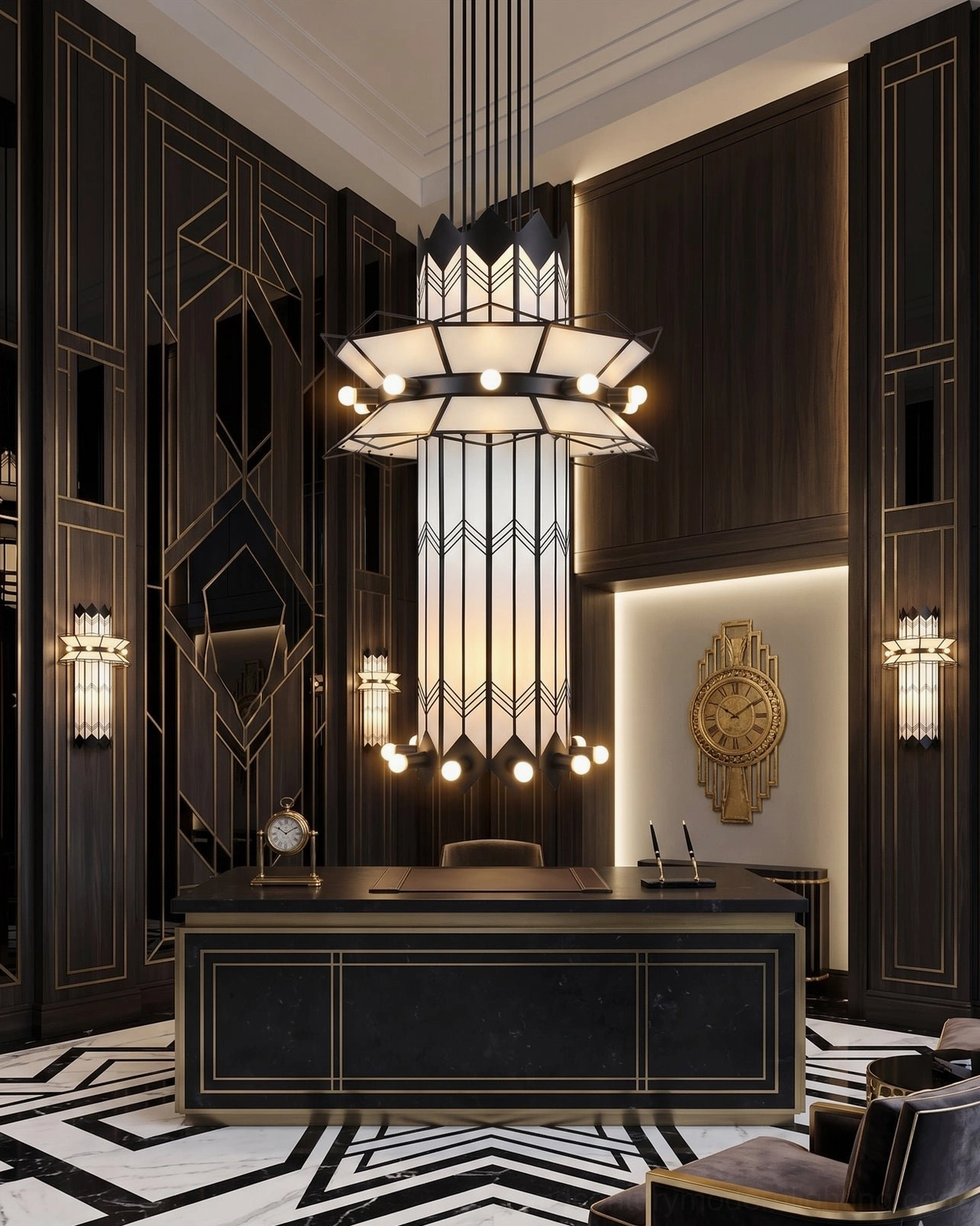 Art Deco tiered chandelier in hotel reception lobby with dark wood paneling and matching wall sconces