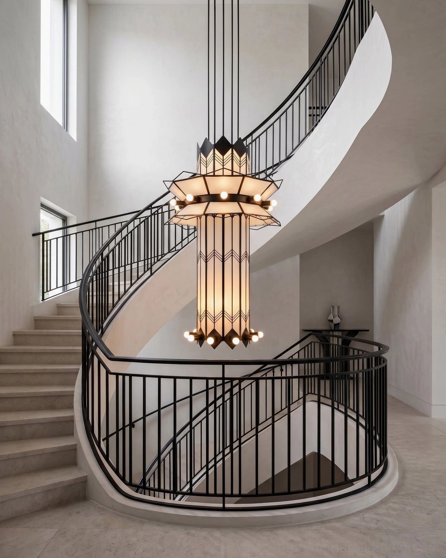 Art Deco tiered chandelier above residential double-height stairwell with black wrought iron railings