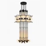 Manhattan Ziggurat Tiered Chandelier Art Deco black metal frosted glass geometric pendant light studio shot