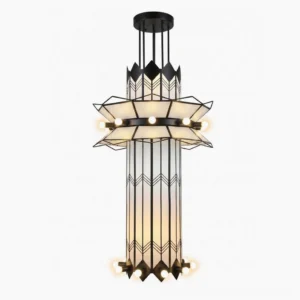 Manhattan Ziggurat Tiered Chandelier Art Deco black metal frosted glass geometric pendant light studio shot