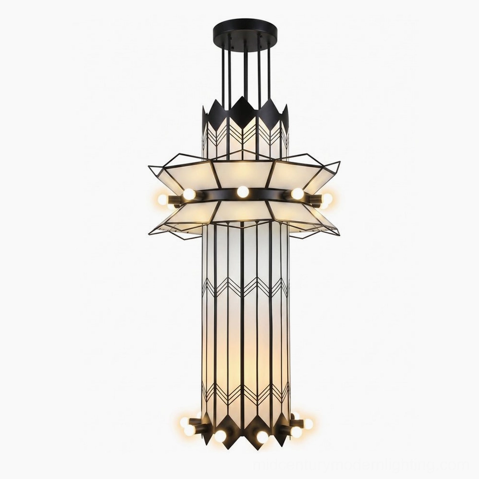 Manhattan Ziggurat Tiered Chandelier Art Deco black metal frosted glass geometric pendant light studio shot
