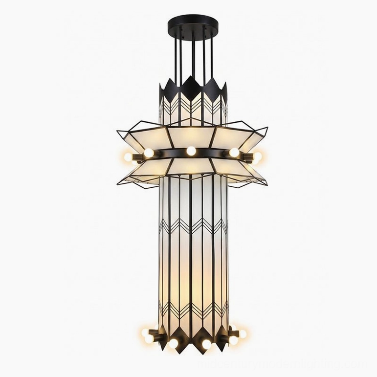 Manhattan Ziggurat Art Deco tiered pendant chandelier angled frontal view with multi-tier geometric design
