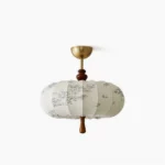 Mantis lantern ceiling light with floral fabric print and gold-walnut wood hardware, front product view on white background