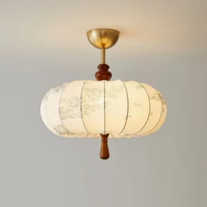 Minimalist white fabric pumpkin ceiling lamp with brushed metal canopy and wood accents, product studio shot