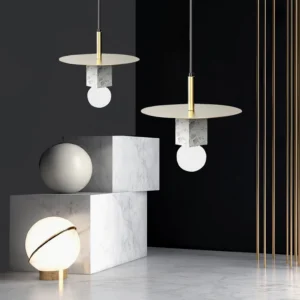 White marble gold pendant lamp with coordinating table light minimalist showroom