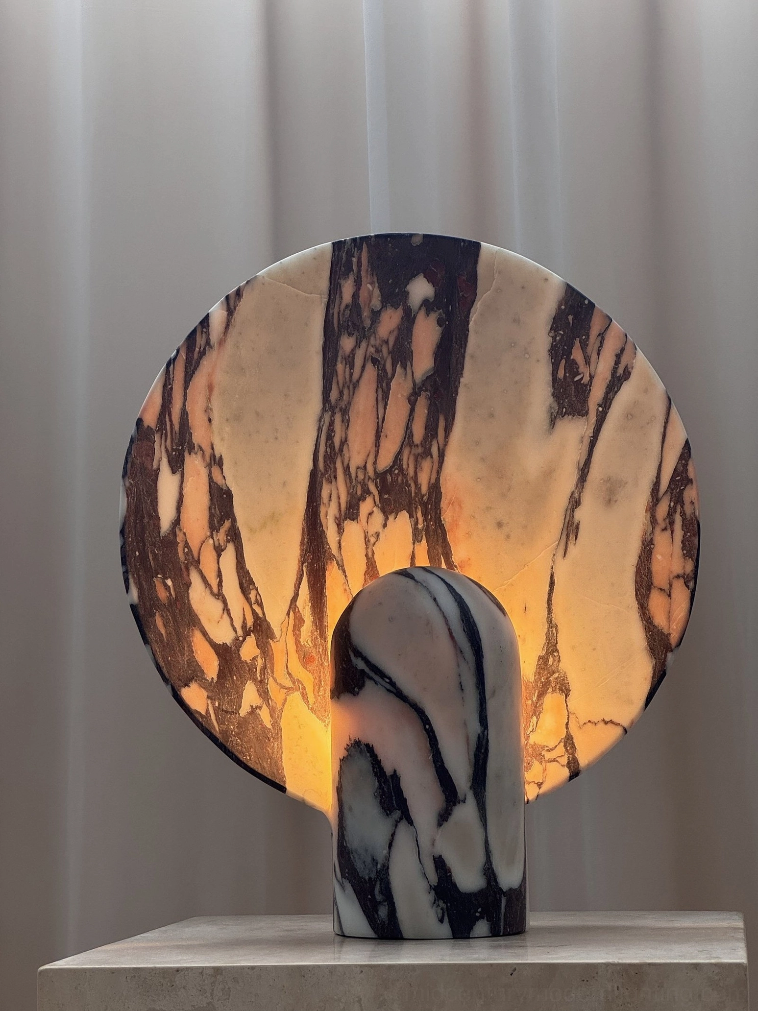 Modern marble table lamp architectural rendering style view emphasizing geometric minimalist design and material authenticity