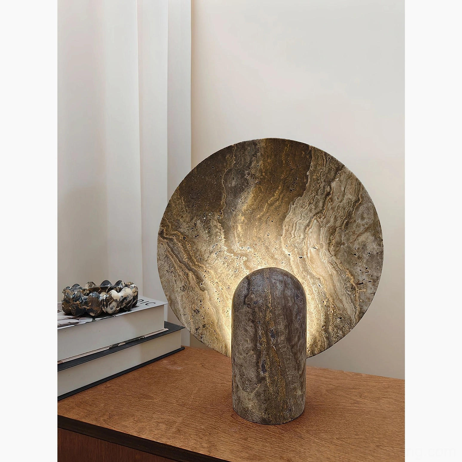 Marble table lamp detail showing natural geological patterns and authentic stone beauty in luxury lighting fixture