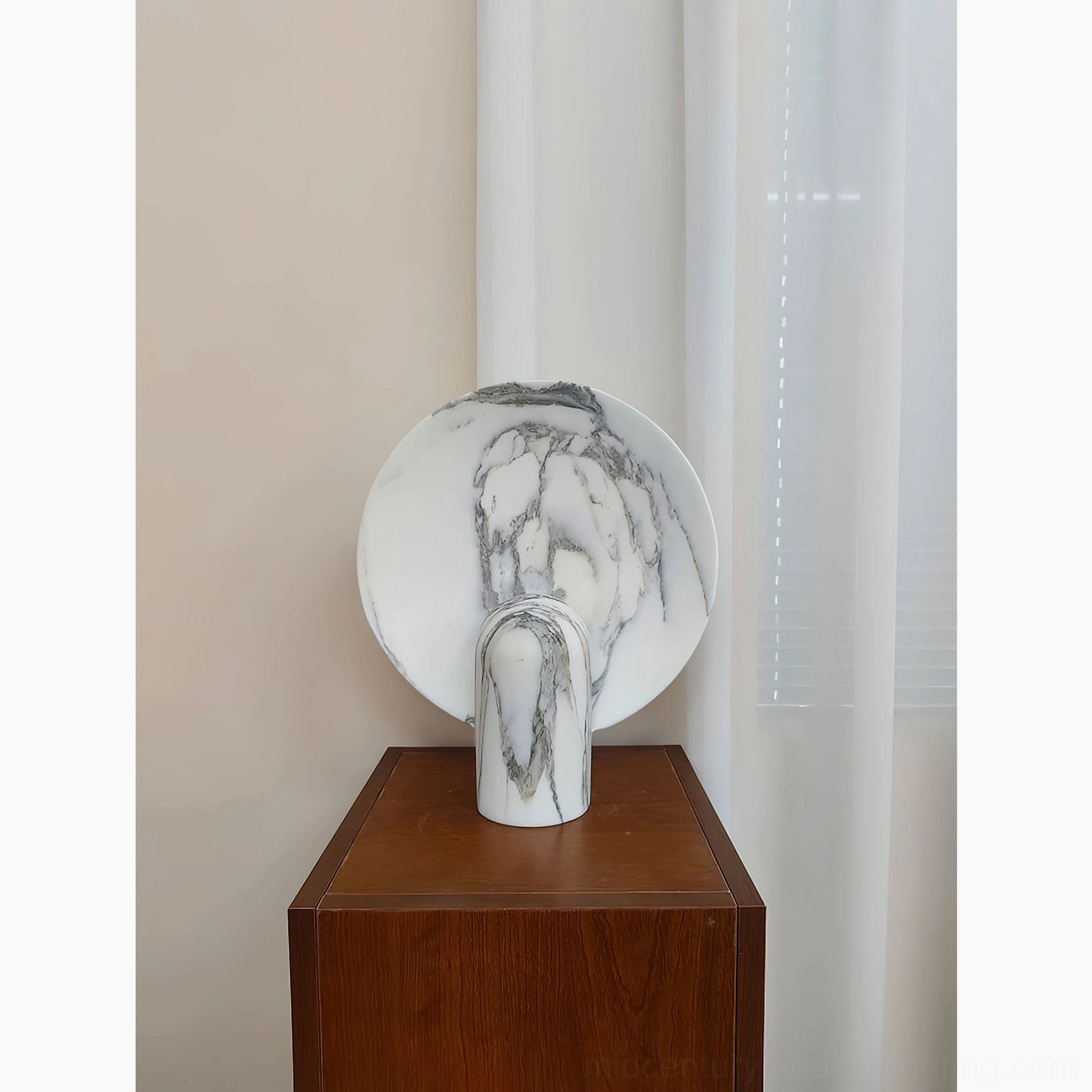 Modern marble table lamp detail shot showing marble sphere diffuser and cylindrical base construction mid-century contemporary design