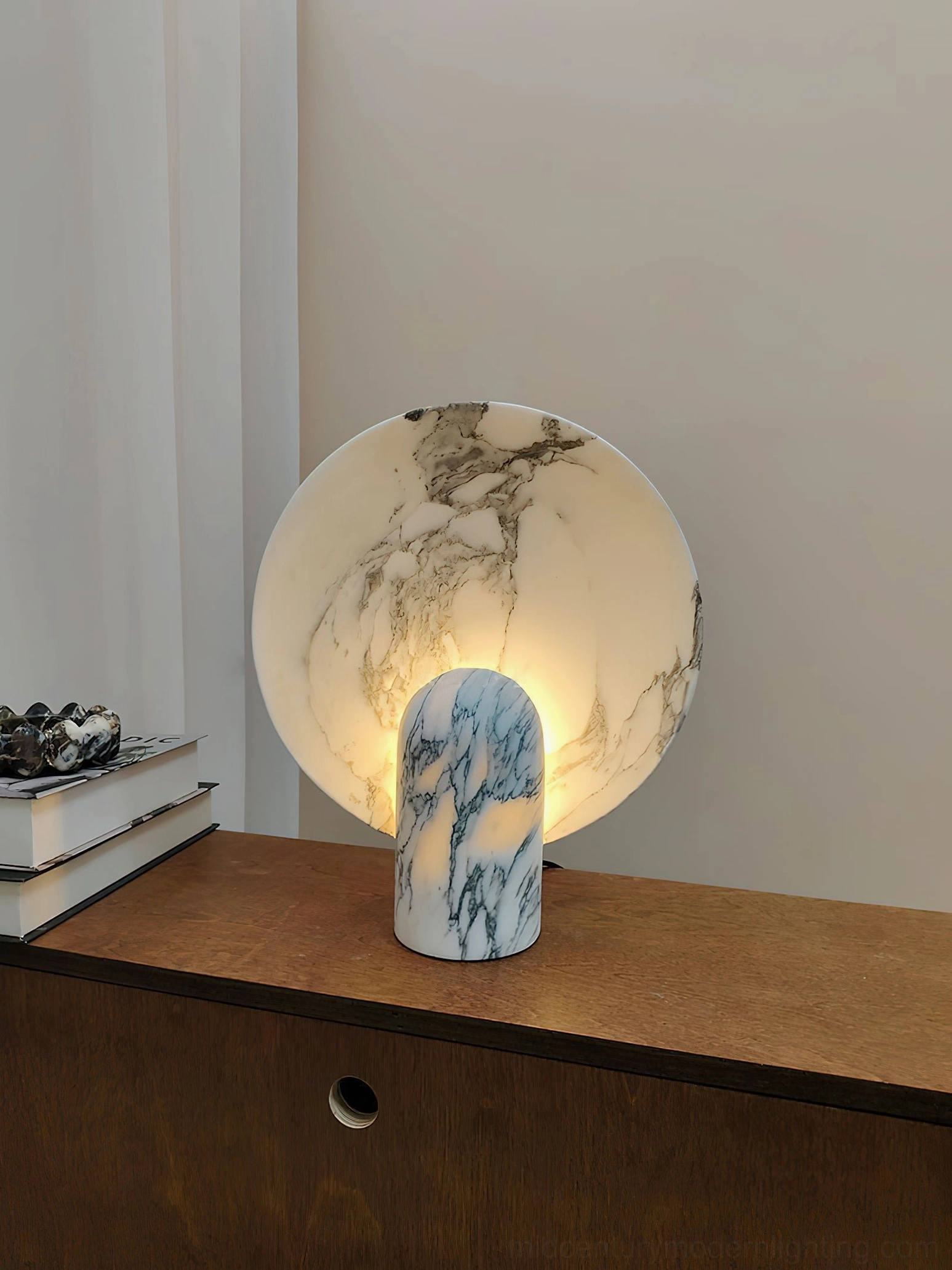 Marble table lamp environmental context showing universal AC 110-240V compatibility and global plug options design feature