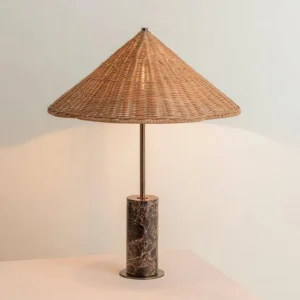 Three-quarter view of marble rattan lamp - showing conical woven shade and marble base with ambient lighting