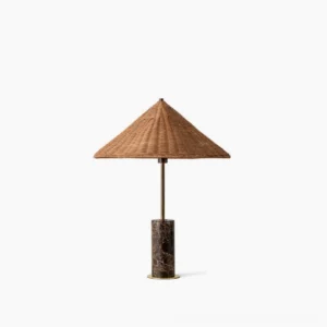 Marble and rattan table lamp front view - mid-century modern sculptural design with natural materials