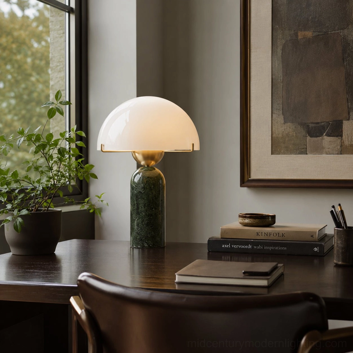 Marble table lamp base detail showing natural geological veining patterns and sculptural marble craftsmanship