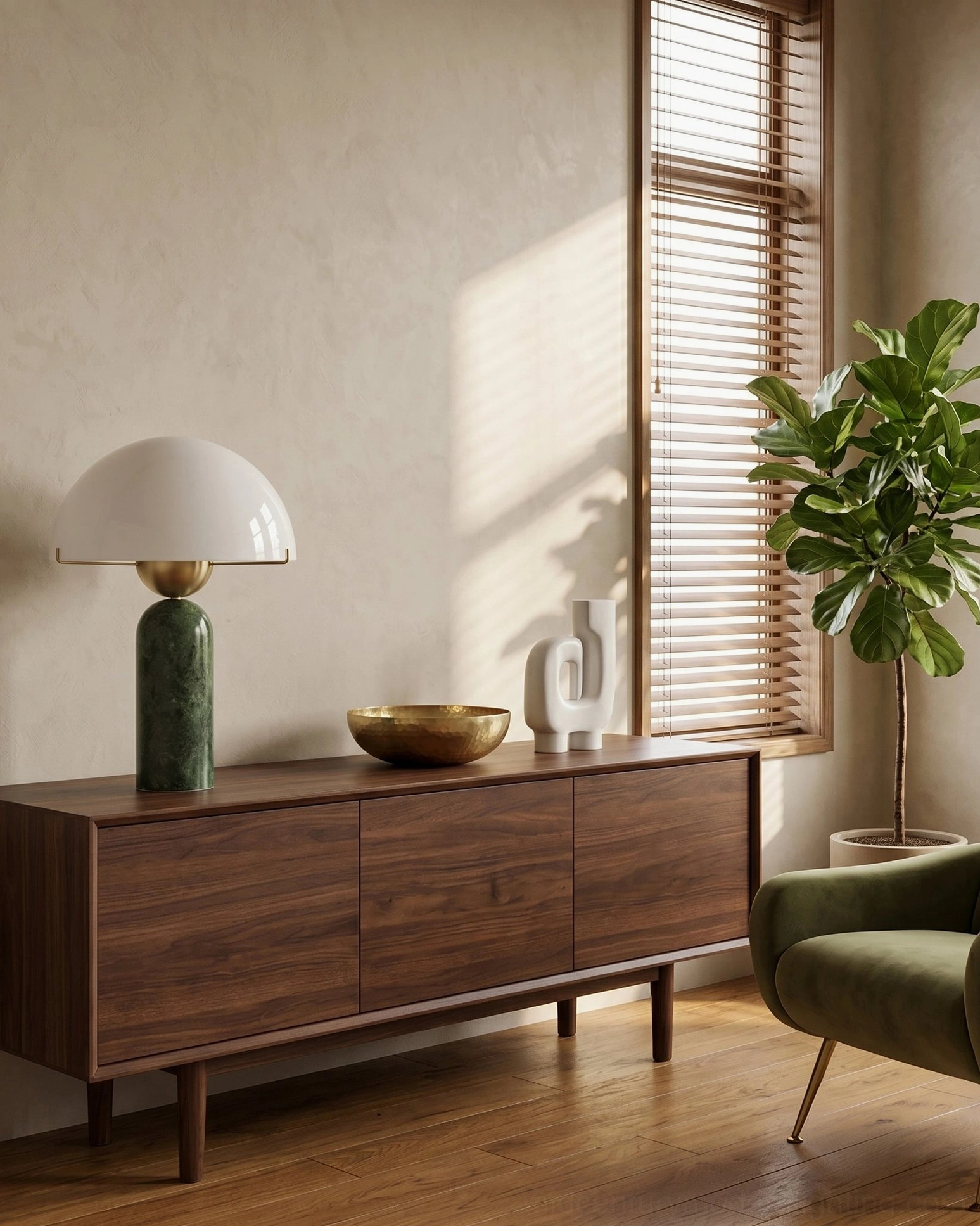 Marble table lamp sculptural base with frosted glass diffuser in contemporary minimalist home setting