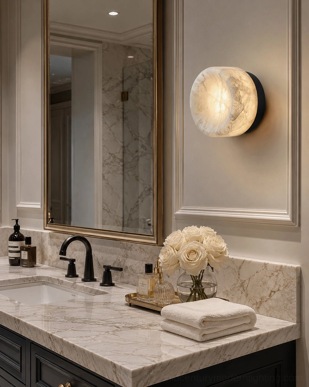 Alabaster stone wall sconce above marble bathroom vanity with floral decor and soft warm illumination