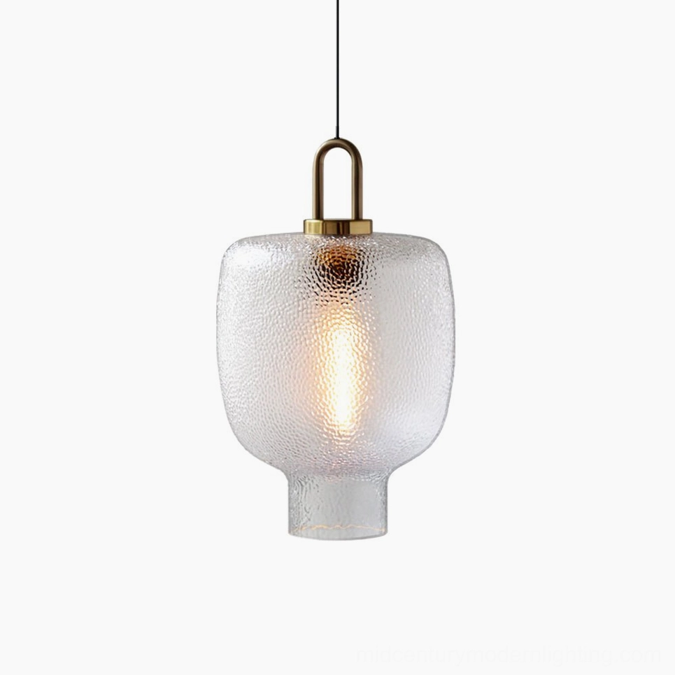 Model D Marco pendant lamp with balanced proportions showing textured glass and warm brass hardware details