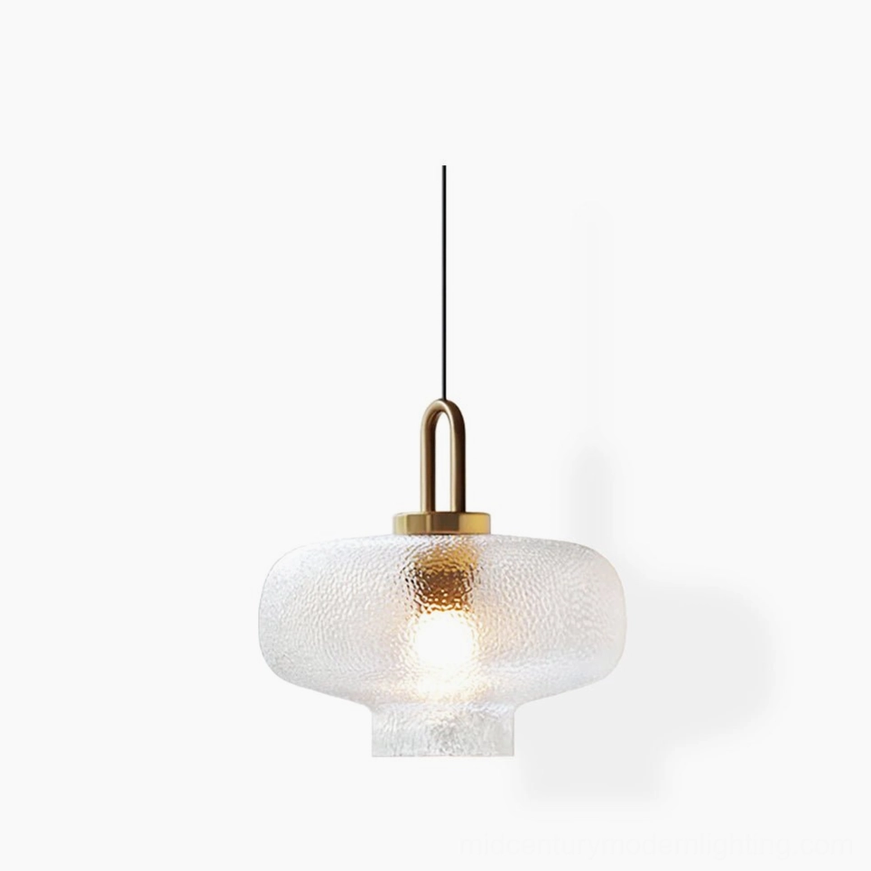 Marco textured glass pendant lamp with brass hardware in studio setting, front view showcasing rippled glass shade
