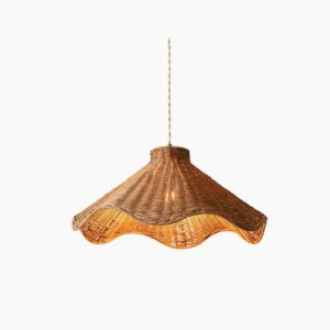 Maren sculptural rattan pendant light with scalloped wave form displayed against white background, showcasing engineered split-rattan weave and cream woven cord suspension