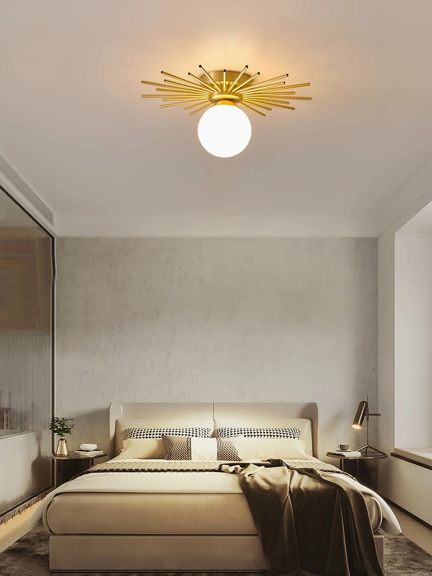 Margaret starburst lamp architectural detail, brass and glass materials mid-century flush mount construction