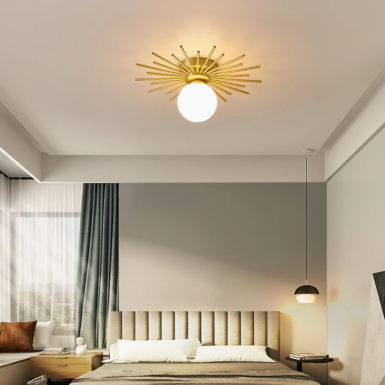 Margaret ceiling light in master bedroom with tufted headboard, warm neutral modern home style ambiance