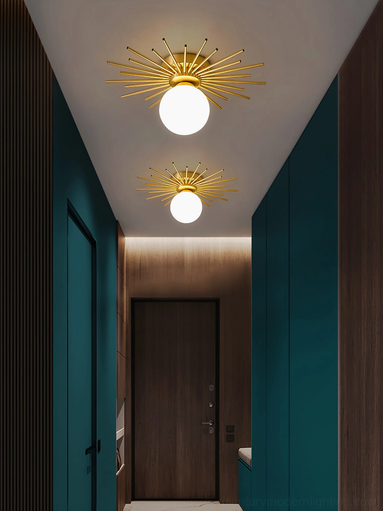 Margaret starburst ceiling fixture finish comparison, brass and white color options mid-century design