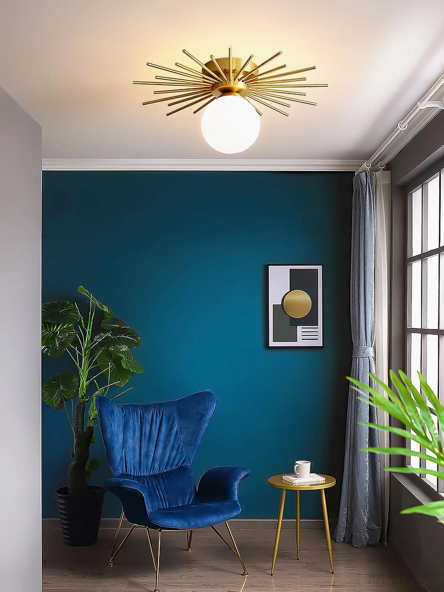 Margaret mid-century ceiling lamp installation detail, flush mount hardware and glass globe assembly
