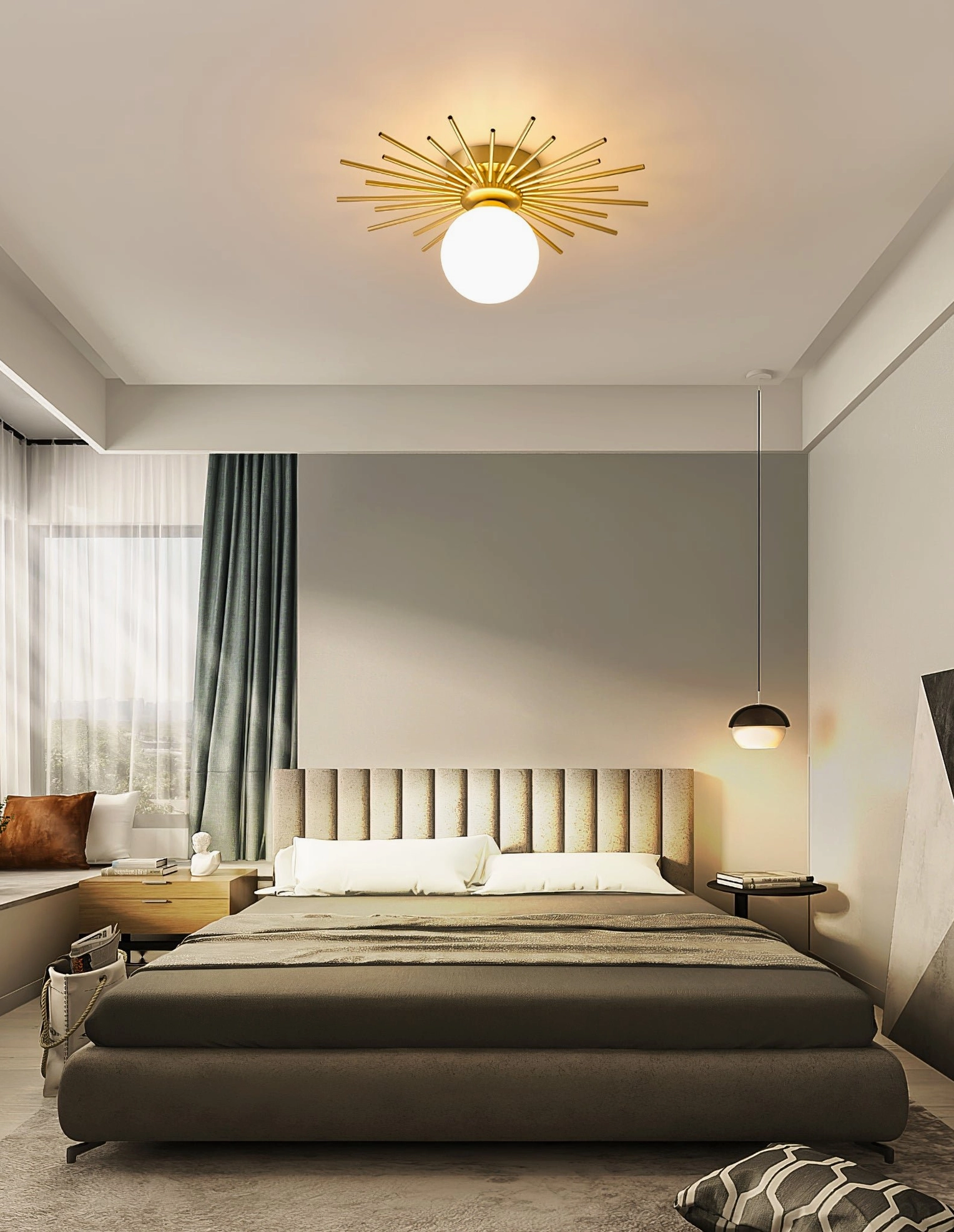 Margaret starburst ceiling light in contemporary interior setting, sculptural mid-century modern fixture