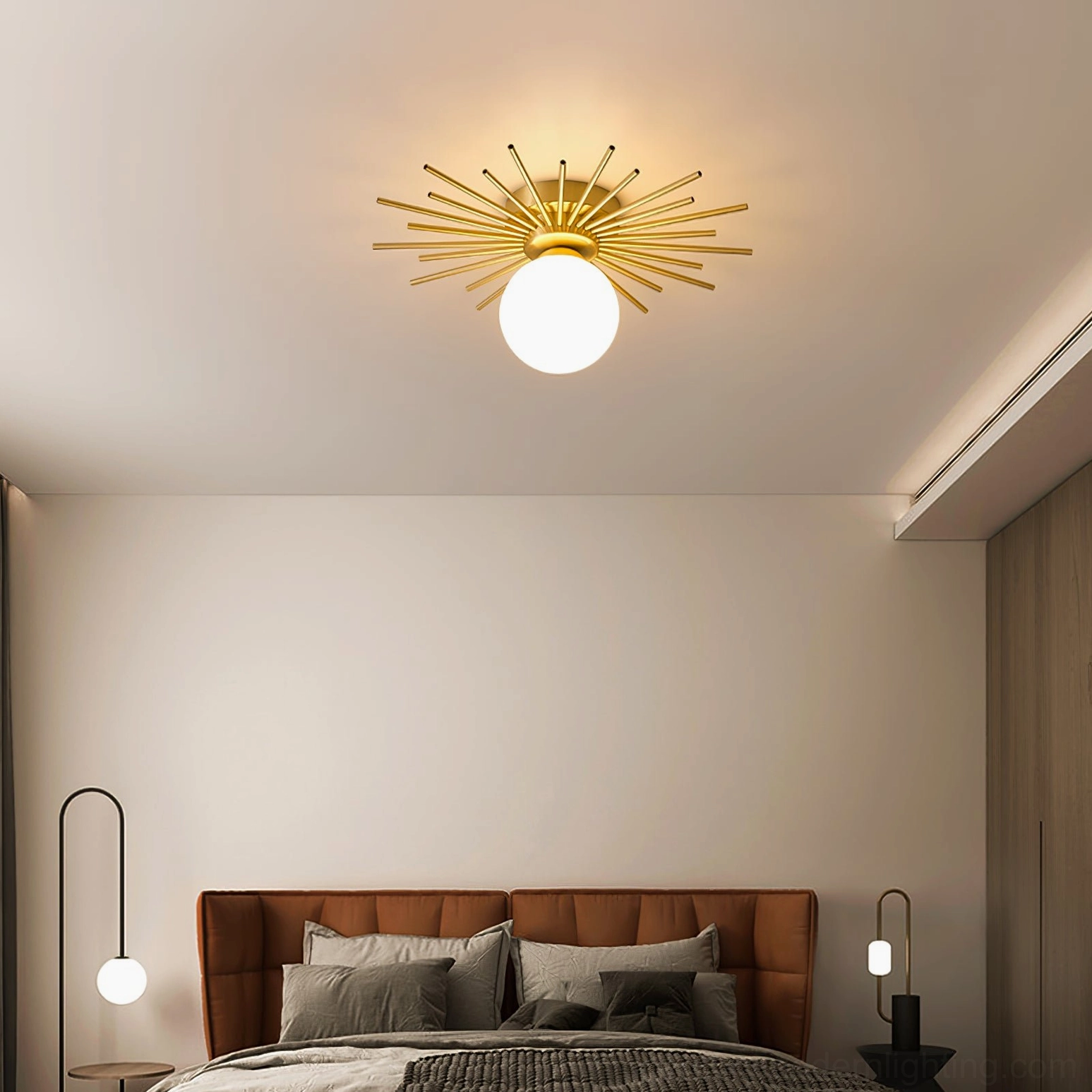 Margaret starburst ceiling light installed in modern master bedroom above bed, warm neutral minimal decor