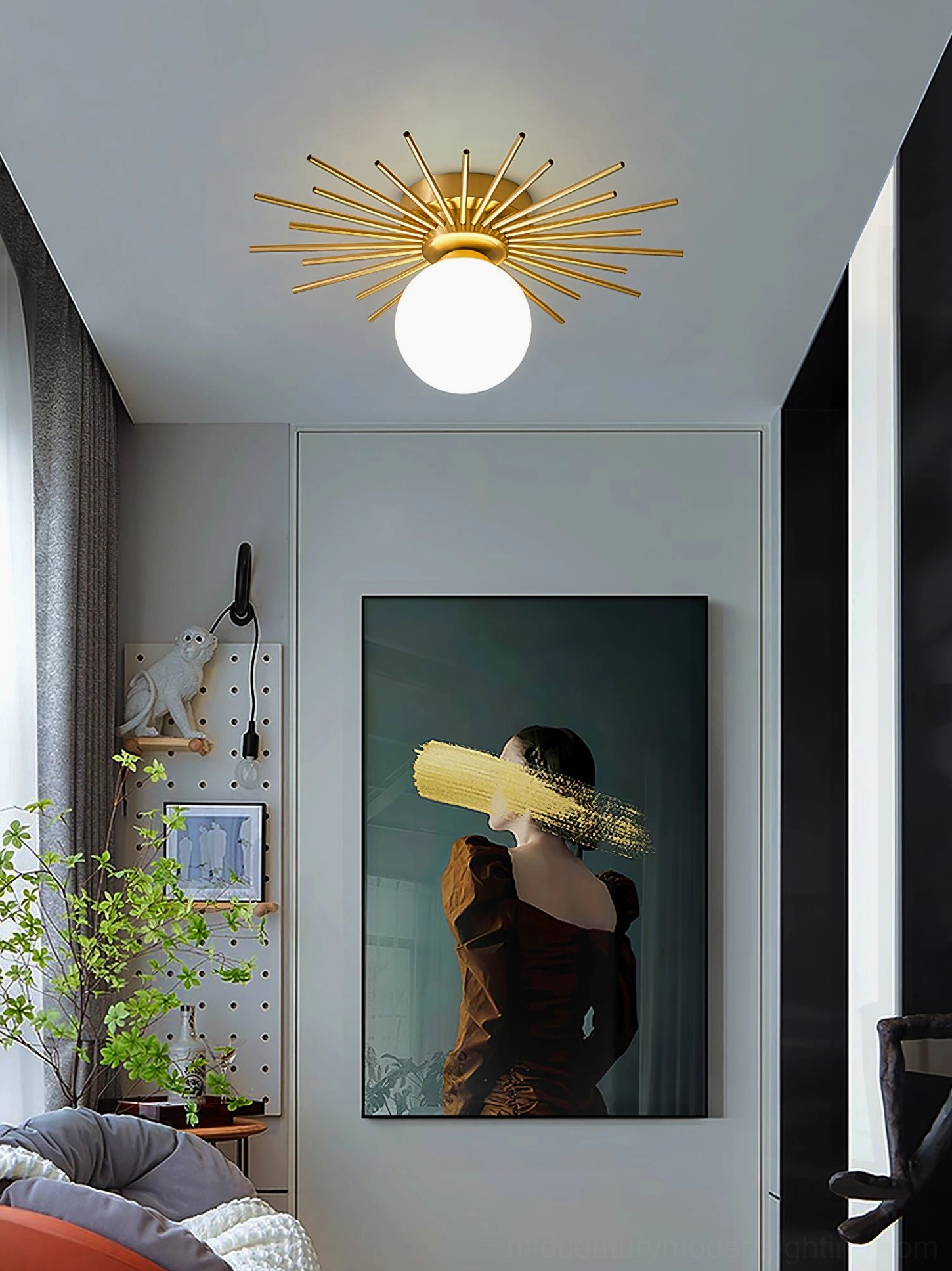Margaret starburst ceiling lamp alternative angle, mid-century modern brass fixture architectural view